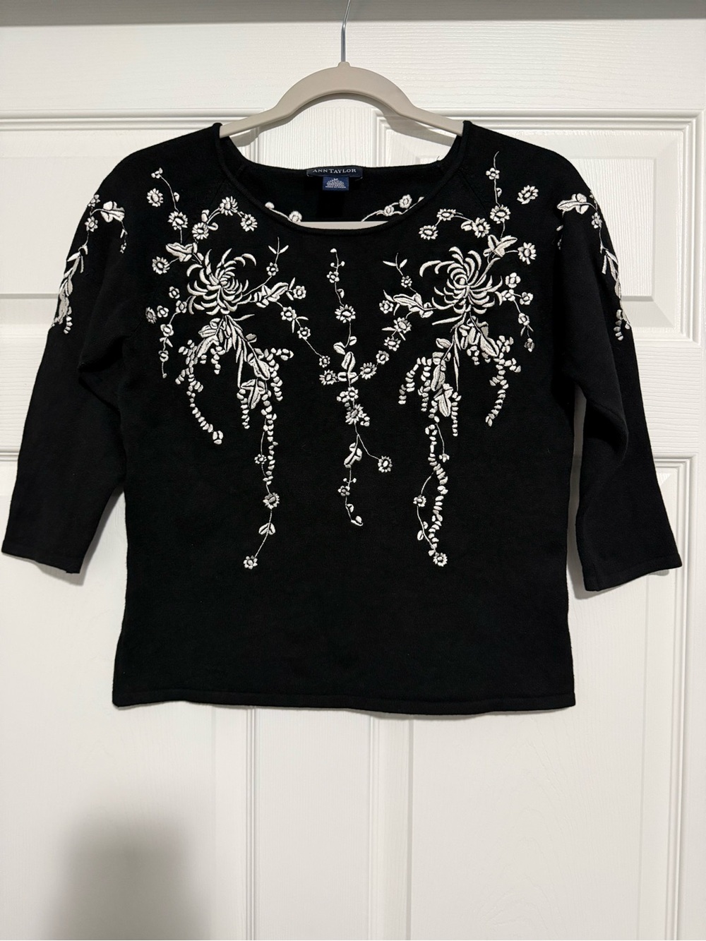 Ann Taylor Black Knit Top with White Floral Embroidery
